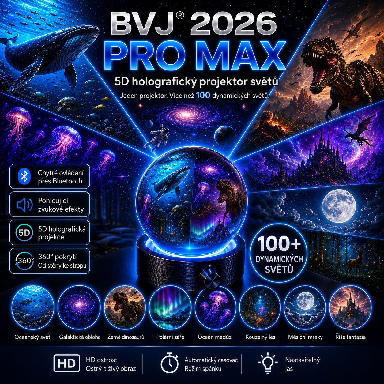 BVJ® 2026 PRO MAX 5D chytrý projektor světů 🌎 Vytvořte více než 100 pohlcujících světů s Bluetooth ovládáním a zvukovými efekty